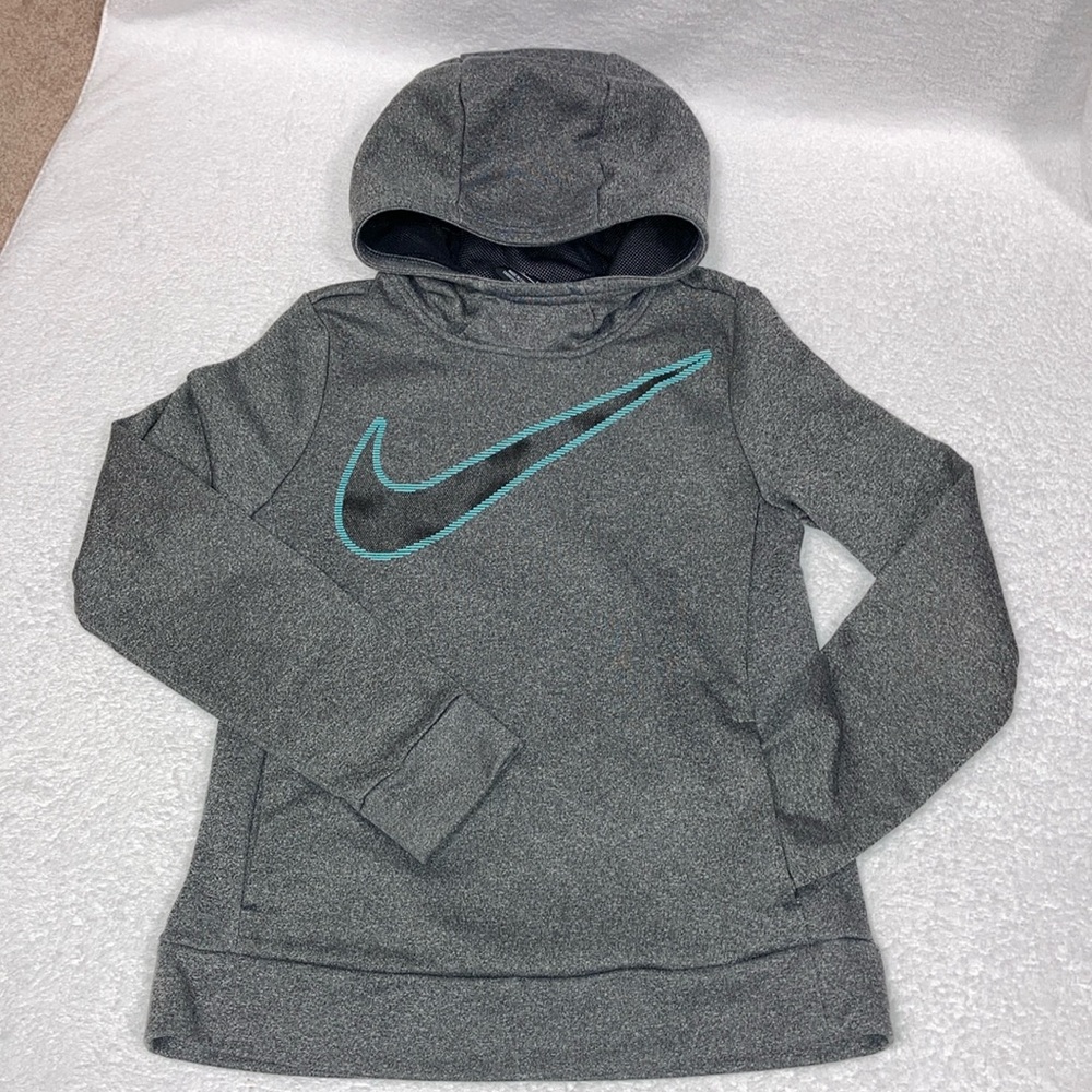 Nike drifit grey scuba hooded sweatshirt with light blue black swish medium - Picture 1 of 9